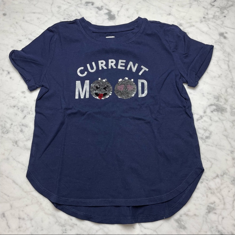 Gap Kids Navy Blue Current Mood Sequin Smiley Face Short Sleeve Shirt
